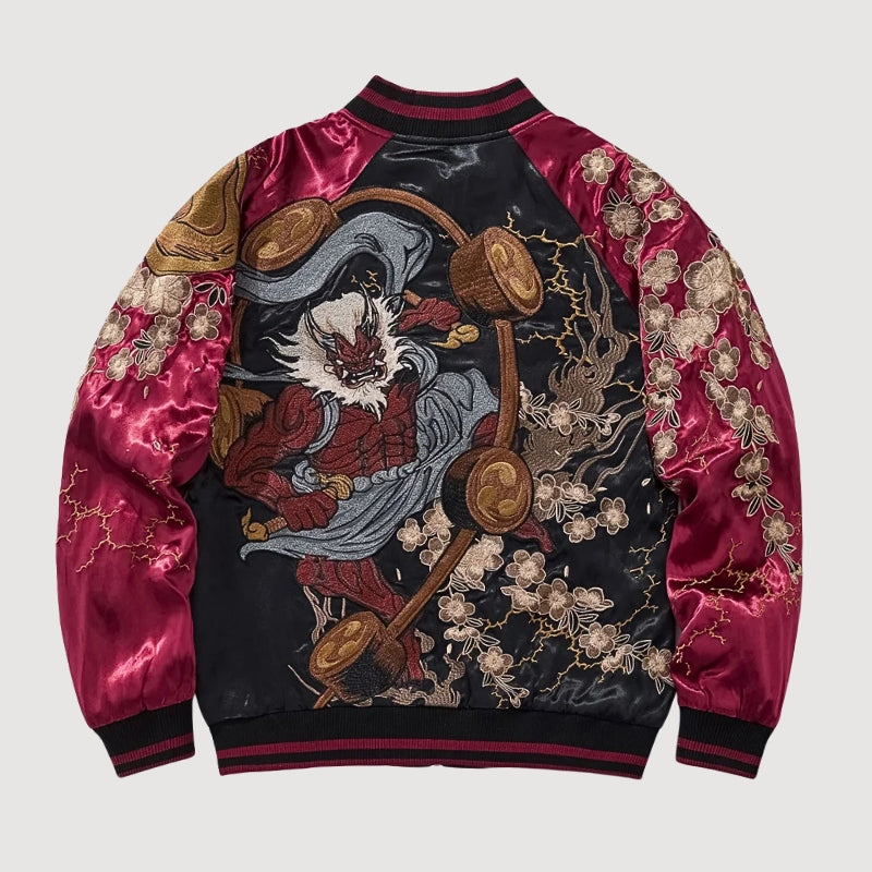 Sukajan Raijin hombre Ten no Ikazuchi rojo poliéster bordado dios trueno streetwear japonés Ropa Japonesa