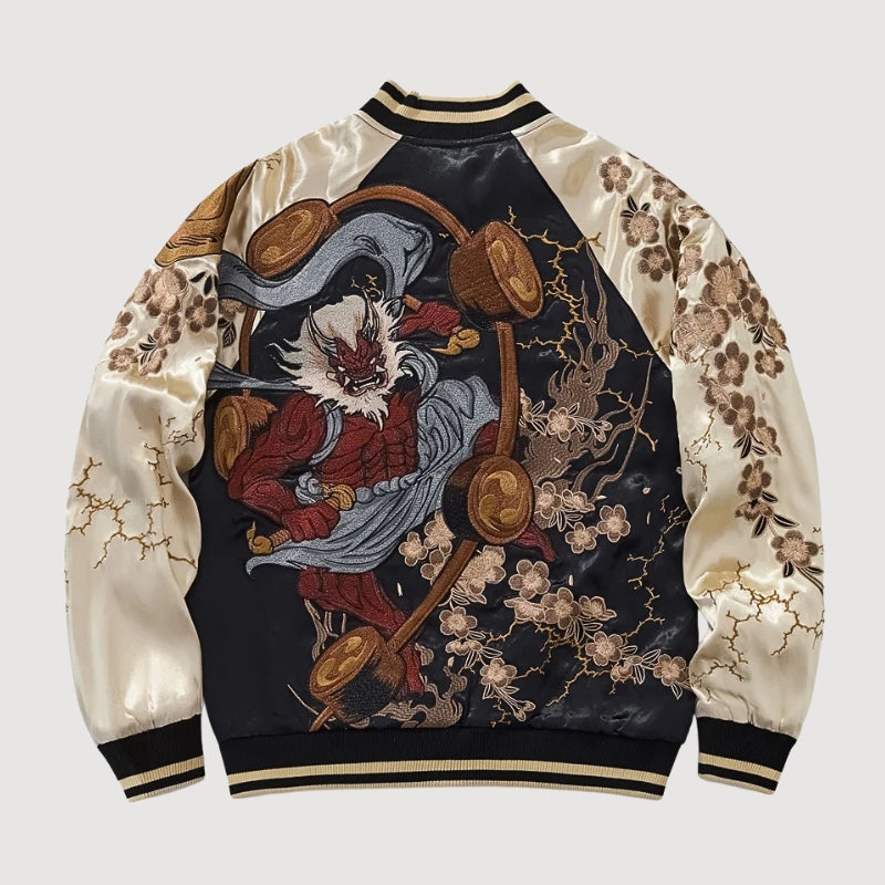Sukajan Raijin hombre Ten no Ikazuchi rojo poliéster bordado dios trueno streetwear japonés Ropa Japonesa