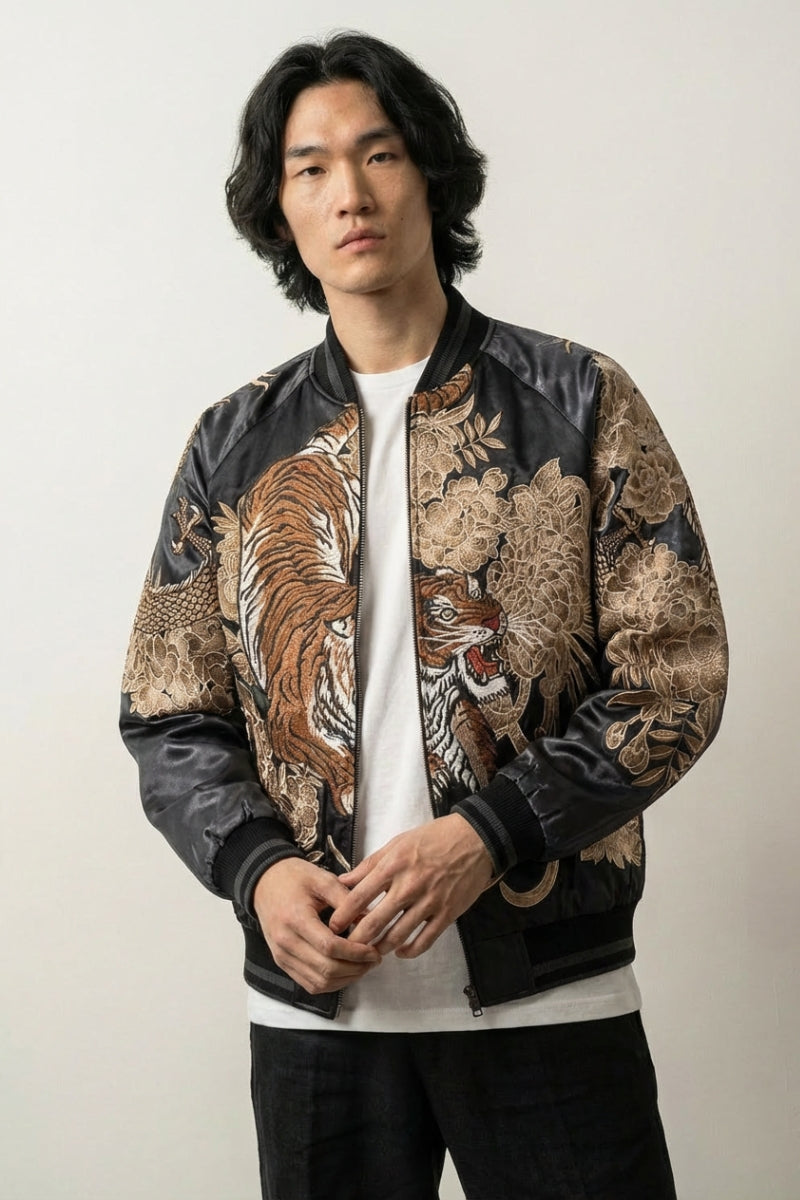 Sukajan tigre Kazan Tora gris poliéster tigre en carga streetwear japonés Ropa Japonesa