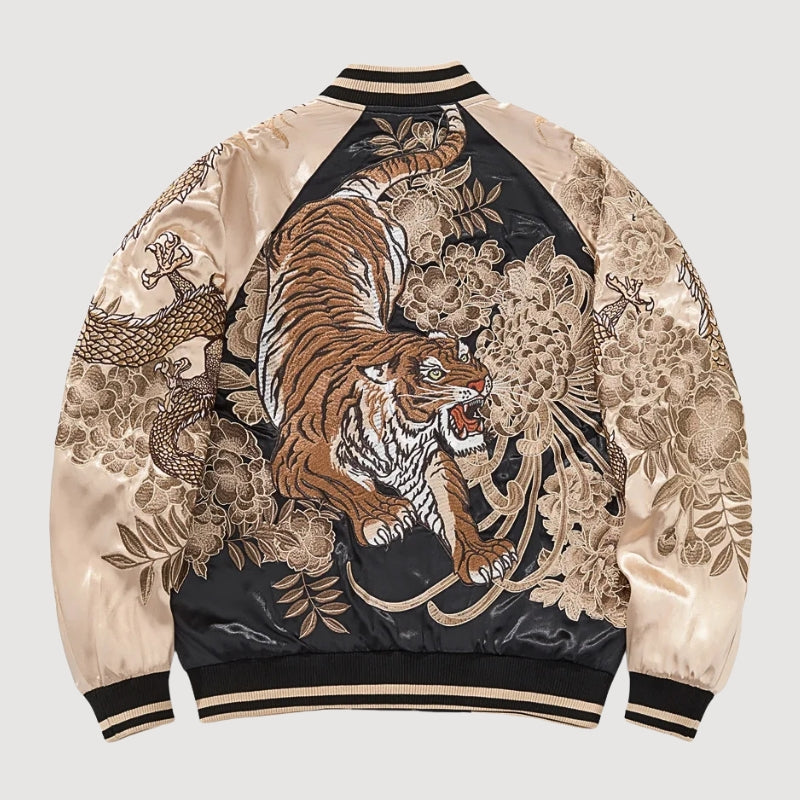 Sukajan tigre Kazan Tora gris poliéster tigre en carga streetwear japonés Ropa Japonesa