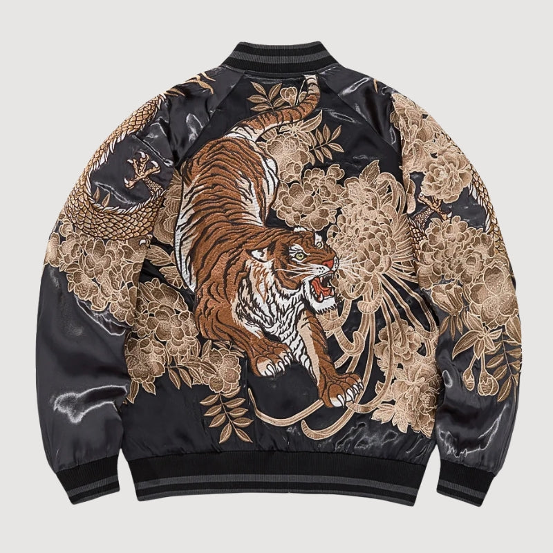 Sukajan tigre Kazan Tora gris poliéster tigre en carga streetwear japonés Ropa Japonesa
