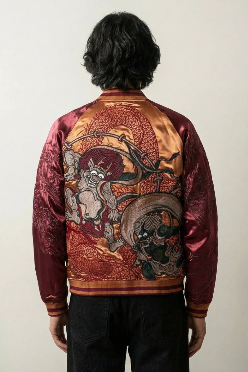 Sukajan Fujin Raijin rojo, bordado en la espalda de los dioses del viento y del trueno con dragón, cazadora souvenir japonesa - Ropa Japonesa
