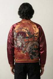 Sukajan Fujin Raijin rojo, bordado en la espalda de los dioses del viento y del trueno con dragón, cazadora souvenir japonesa - Ropa Japonesa