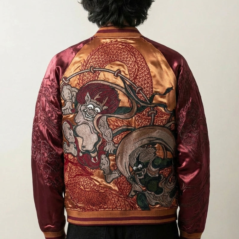 Sukajan Fujin Raijin rojo, bordado en la espalda de los dioses del viento y del trueno con dragón, cazadora souvenir japonesa - Ropa Japonesa
