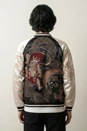 Sukajan Yokai japonés Fujin Raijin blanco poliéster bordado japonés streetwear japonés Ropa Japonesa