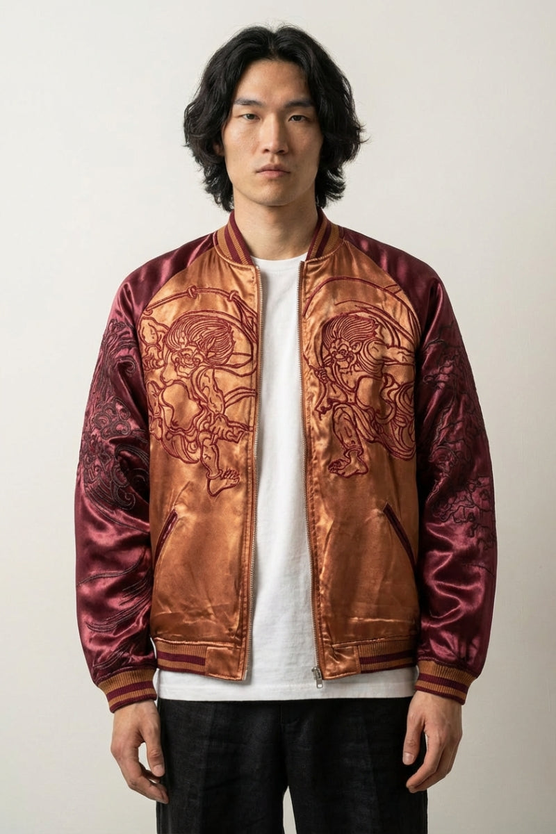 Sukajan Yokai japonés Fujin Raijin blanco poliéster bordado japonés streetwear japonés Ropa Japonesa