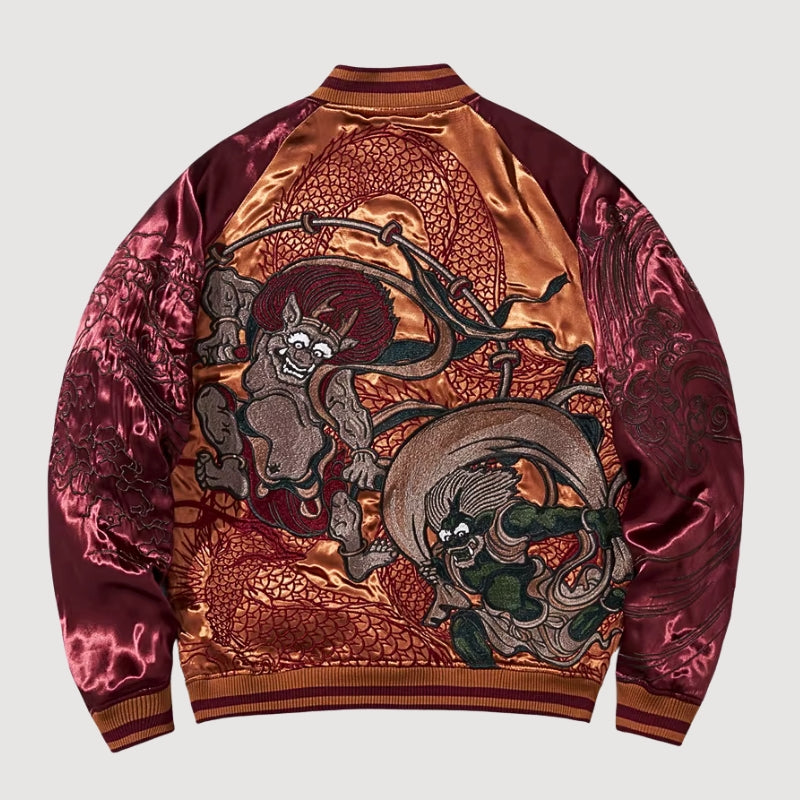 Sukajan Yokai japonés Fujin Raijin blanco poliéster bordado japonés streetwear japonés Ropa Japonesa