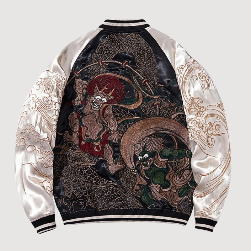 Sukajan Yokai japonés Fujin Raijin blanco poliéster bordado japonés streetwear japonés Ropa Japonesa