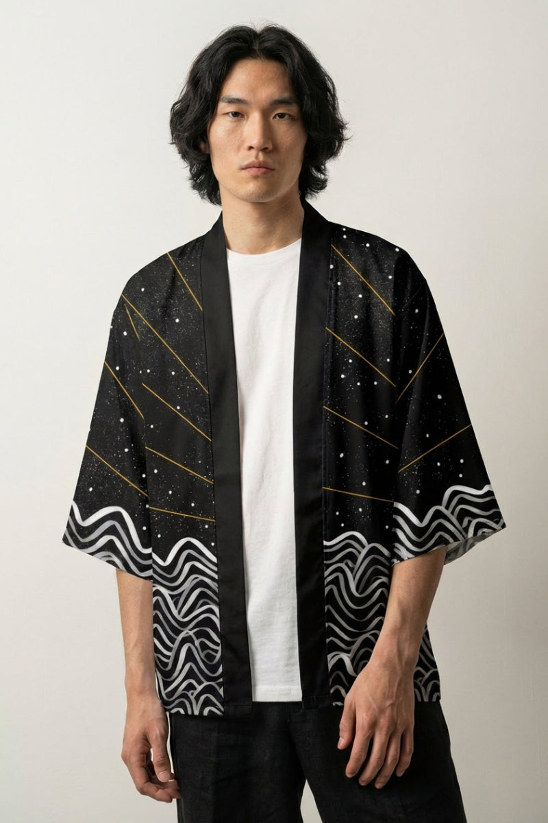 Haori tradicional Tsuki no Taiyo haori japonés llevado mannequin estilo streetwear Ropa Japonesa