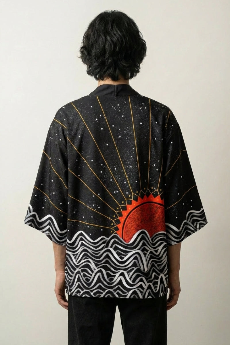 Haori tradicional Tsuki no Taiyo haori japonés llevado mannequin estilo streetwear Ropa Japonesa