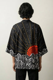 Haori tradicional Tsuki no Taiyo haori japonés llevado mannequin estilo streetwear Ropa Japonesa