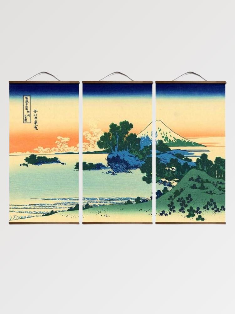 Tríptico japonés Aka Machi inspirado en el Gaifū Kaisei Fuji rojo sobre lienzo Ropa Japonesa