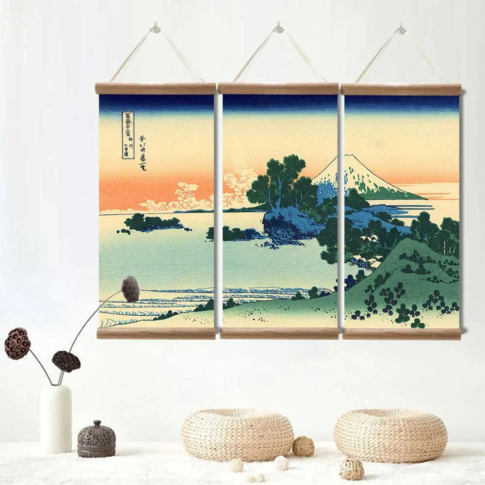 Tríptico japonés Aka Machi inspirado en el Gaifū Kaisei Fuji rojo sobre lienzo Ropa Japonesa