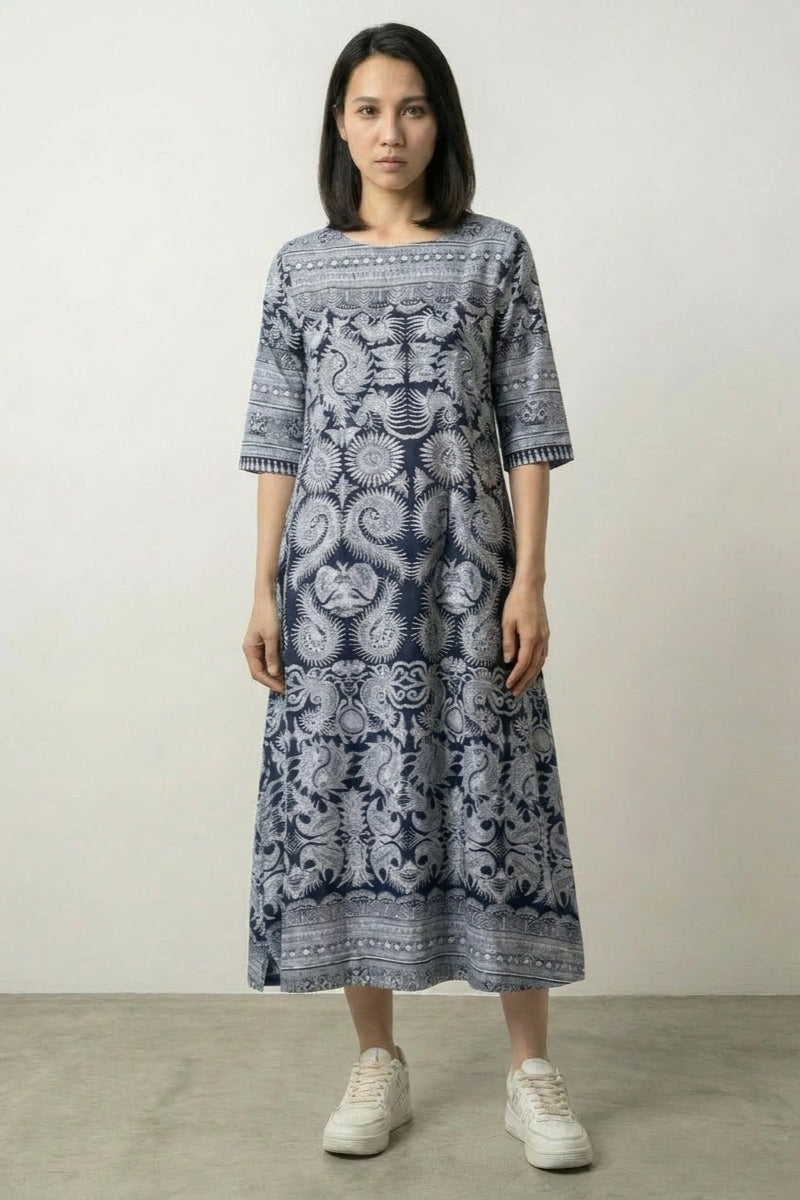 Vestido de patrón japonés Agomori estampado azul y blanco gráfico llevado estilo japonés mujer Ropa Japonesa