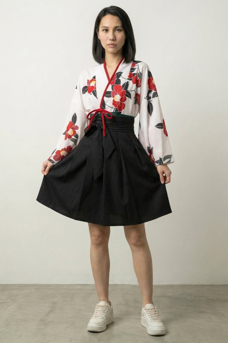 Vestido japonés Amaya set hanfu camelias rojas y falda cruzada llevado estilo japonés mujer Ropa Japonesa