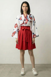 Vestido japonés Amaya set hanfu camelias rojas y falda cruzada detalle corte y tejido Ropa Japonesa