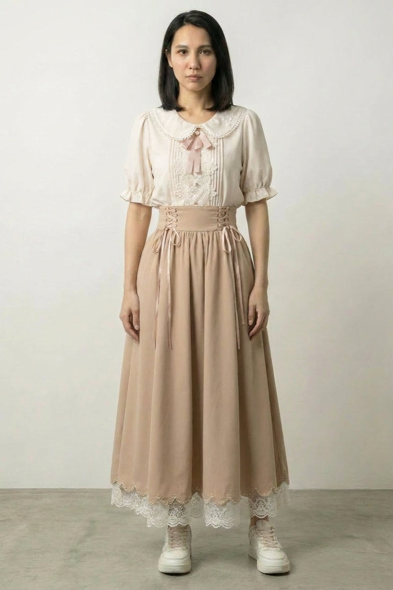 Vestido japonés crema Sōka cuello bebé encaje top algodón falda corsé albaricoque cordones talle alto bajo festoneado Ropa Japonesa