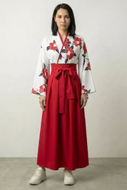 Vestido japonés de niña Etsuko set hanfu camelias rojas y falda larga llevado estilo japonés mujer Ropa Japonesa