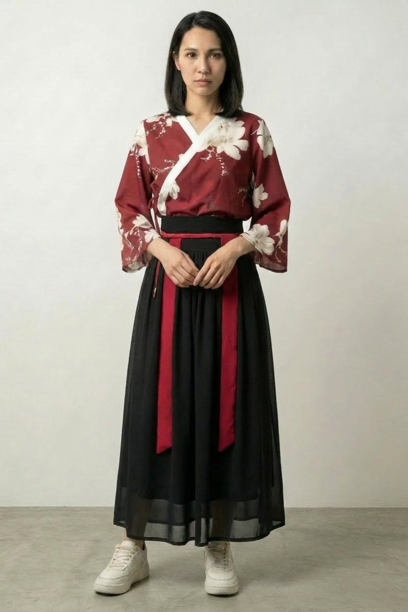 Vestido japonés mujer hanfu, top floral burdeos cruzado y falda larga negra con cinturón rojo - Ropa Japonesa