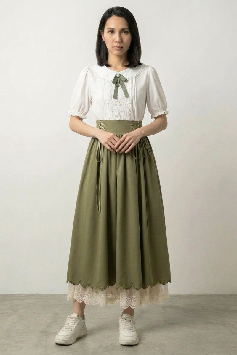 Vestido japonés tradicional verde salvia Yomogi cuello bebé encaje top crema lazo verde falda yomogi-iro corsé cordones talle alto Ropa Japonesa