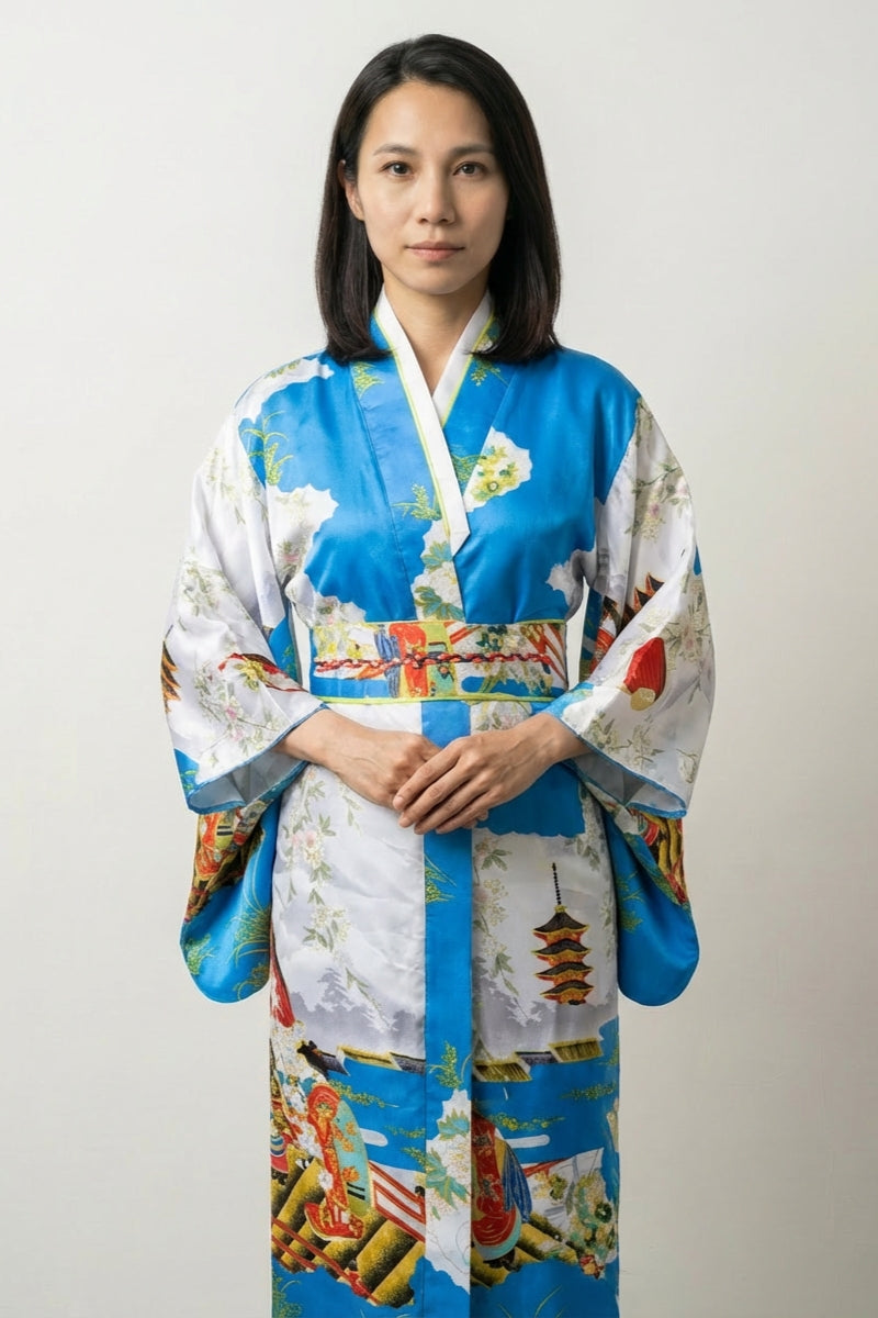 Vestido kimono azul cielo Sora ukiyo-e satinado pagodas geishas paneles nubosos blancos escenas Edo obi talla única estilo streetwear japonés Ropa Japonesa