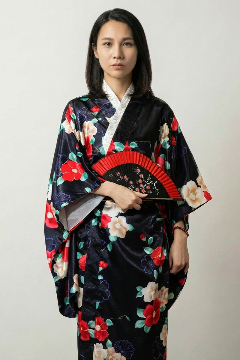 Vestido kimono camelia negro Tsubaki satinado flores tsubaki rojo crema hojas verdes obi talla única estilo streetwear japonés Ropa Japonesa