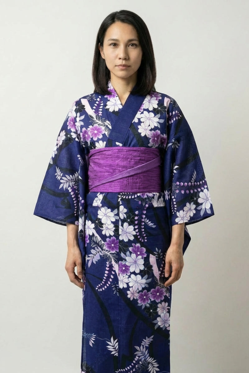 Vestido kimono japonés Fujika índigo motivo glicina fuji violeta lavanda blanco obi violeta algodón talla única estilo streetwear japonés Ropa Japonesa