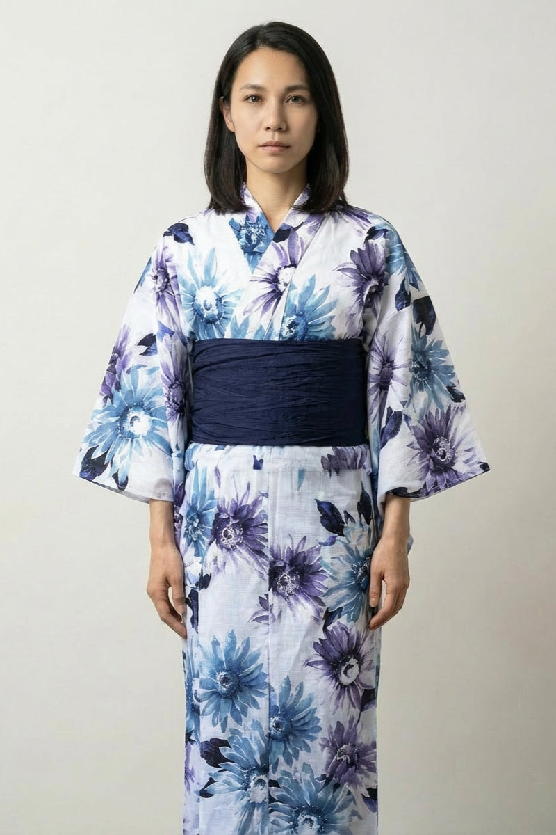 Vestido kimono japonés Sumire blanco motivo violeta acuarela cobalto lavanda violeta obi marino algodón talla única estilo streetwear japonés Ropa Japonesa