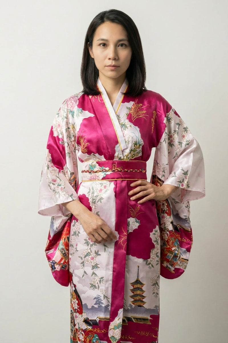 Vestido kimono magenta Tomoka satinado paneles bicolores magenta blanco nuboso pagodas sakura ramitas doradas obi ribete rojo estilo streetwear japonés Ropa Japonesa