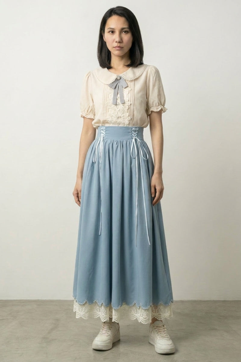 Vestido midi azul empolvado Asahana cuello bebé encaje top crema falda corsé asagi cordones talle alto bajo festoneado Ropa Japonesa