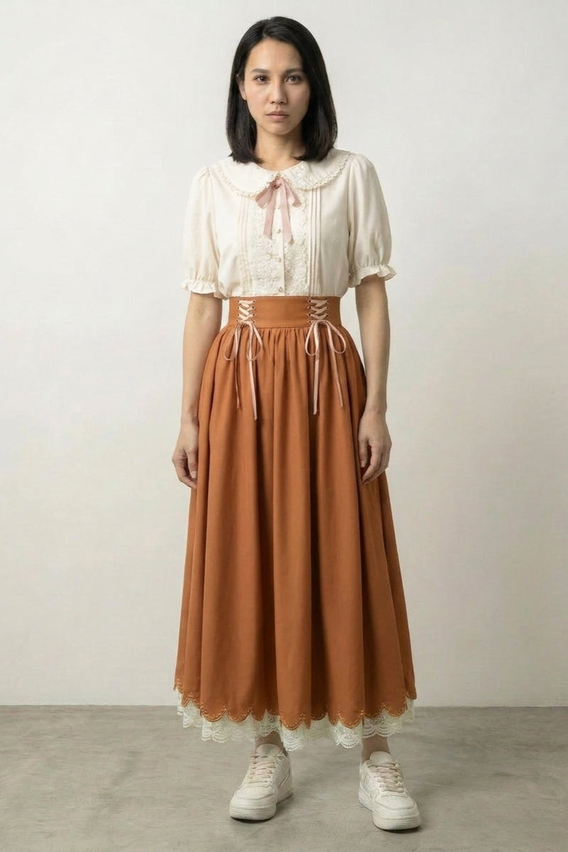 Vestido terracota Kakiha cuello bebé encaje top crema falda corsé persimón naranja cordones talle alto bajo festoneado Ropa Japonesa