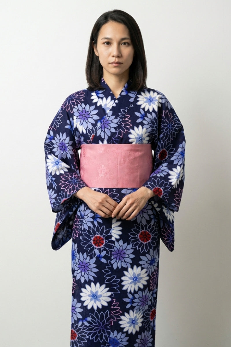 Yukata algodón mujer Aoigiku azul marino motivo crisantemo denso cobalto lavanda obi rosa talla única estilo streetwear japonés Ropa Japonesa