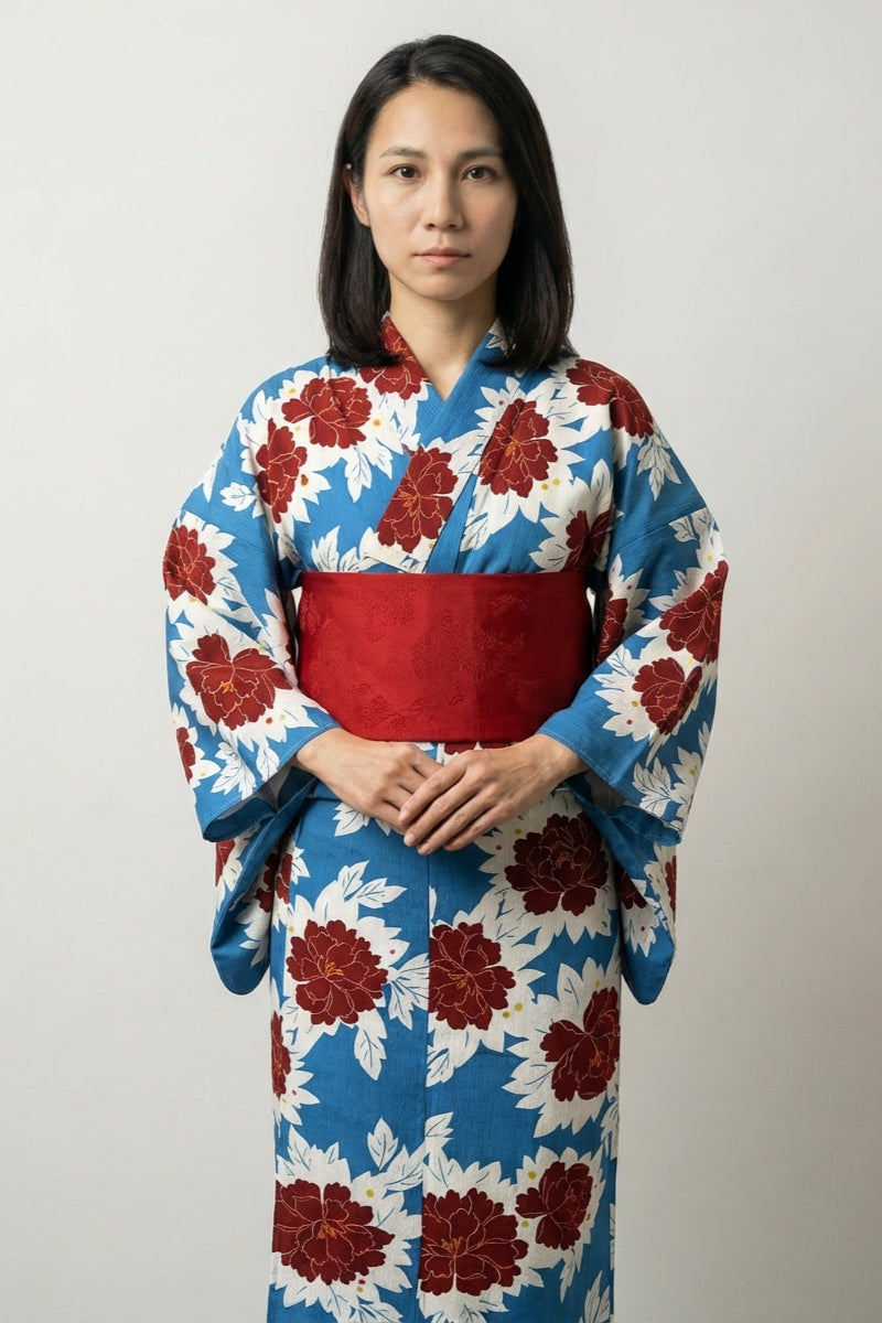 Yukata azul japonés Akabotan cobalto motivo peonía roja burdeos crema gráfica obi burdeos algodón talla única estilo streetwear japonés Ropa Japonesa