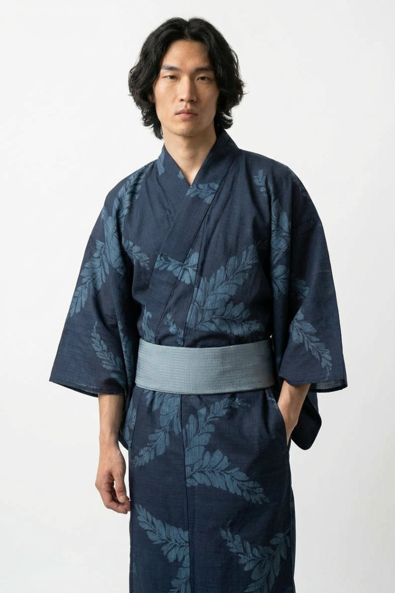 Yukata índigo hombre Shinryoku marino motivo helechos hojas roble turquesa pizarra jacquard tono sobre tono algodón obi gris azul mangas anchas estilo streetwear japonés Ropa Japonesa