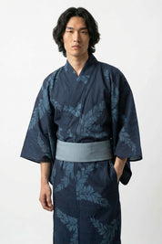 Yukata índigo hombre Shinryoku marino motivo helechos hojas roble turquesa pizarra jacquard tono sobre tono algodón obi gris azul mangas anchas estilo streetwear japonés Ropa Japonesa