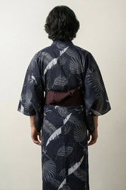 Yukata japón Hoshiba azul noche motivo helechos hojas tropicales estrellas plata gris algodón obi burdeos vista trasera estilo streetwear japonés Ropa Japonesa