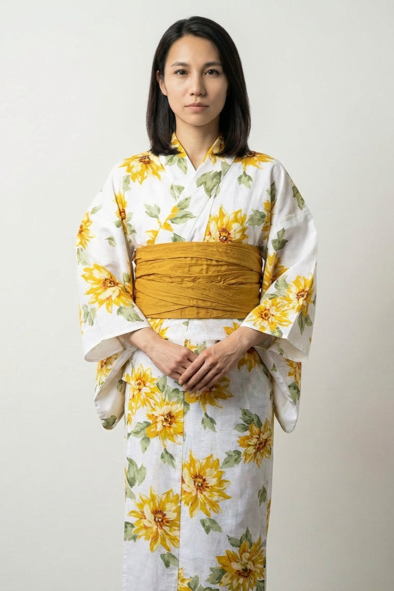 Yukata japonés girasol Himawari blanco motivo girasol amarillo dorado acuarela follaje verde obi mostaza algodón verano talla única Ropa Japonesa