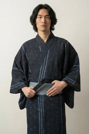 Yukata tradicional hombre Asanugi antracita motivo asanoha hoja cáñamo azul pizarra turquesa caligrafía algodón obi gris estilo streetwear japonés Ropa Japonesa