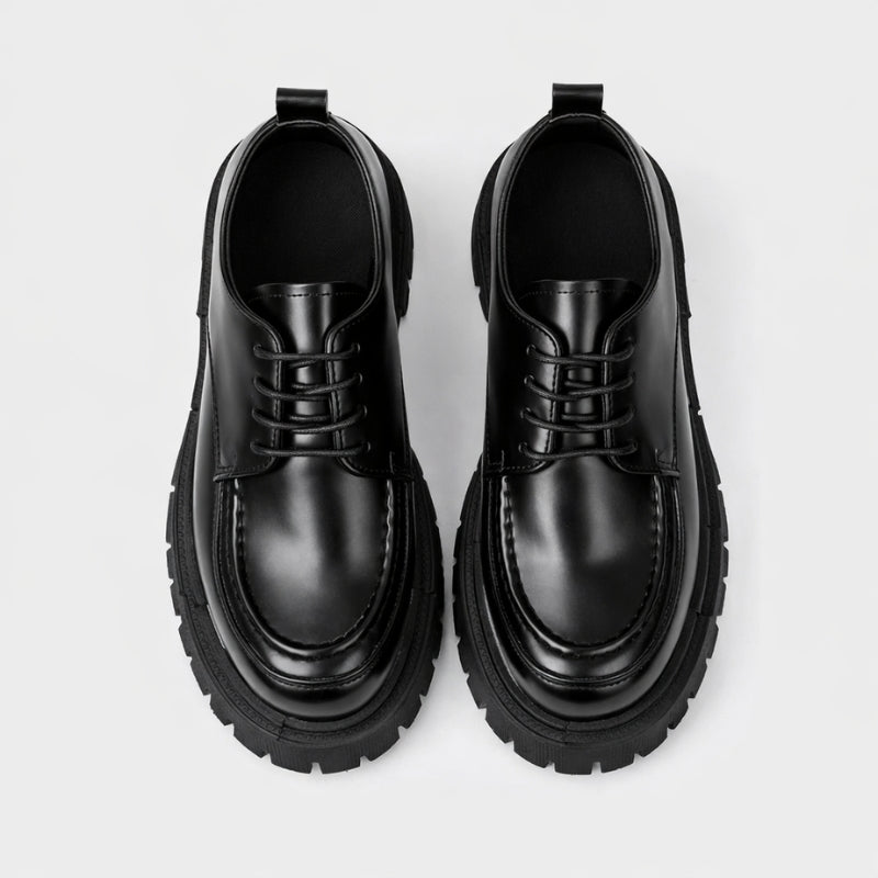 Zapatos japoneses Kuroi derbies cuero negro charolado suela plataforma vista 2 - Ropa Japonesa