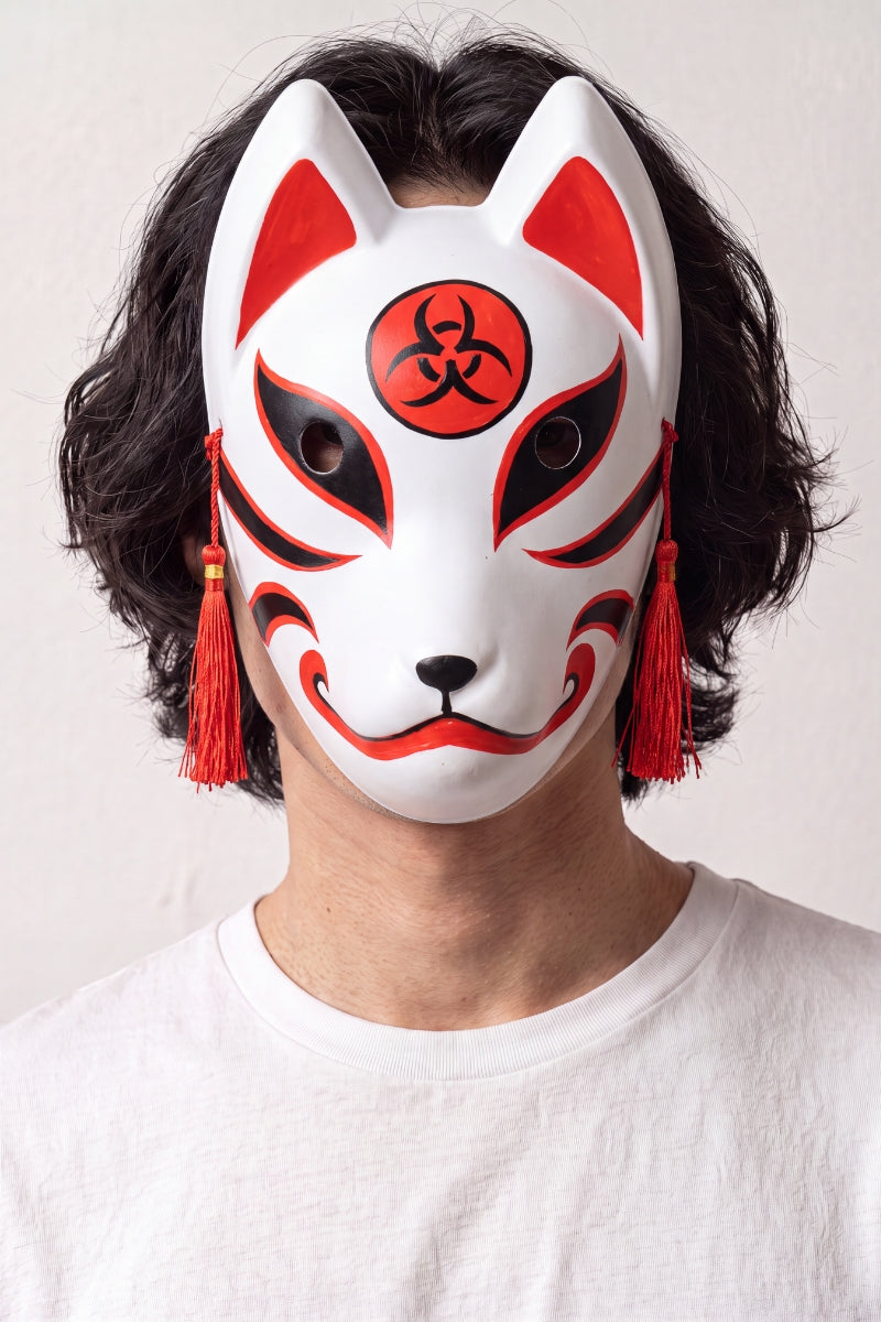 Máscara kitsune con sello rojo llevada por un modelo sobre fondo claro — zorro blanco con un disco rojo en la frente, cordones rojos y cascabeles